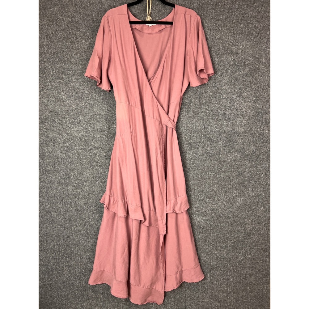 VETTA‎ Convertible Womens Pink Tencel Wrap Midi Dress Ruffle Tie Waist M